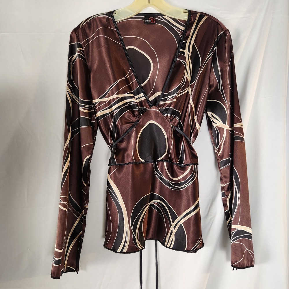 VTG Studio Y Brown Satin Wrap Blouse Y2K 90s Indie Retro Loose Sleeve Top M/L* - Picture 3 of 12